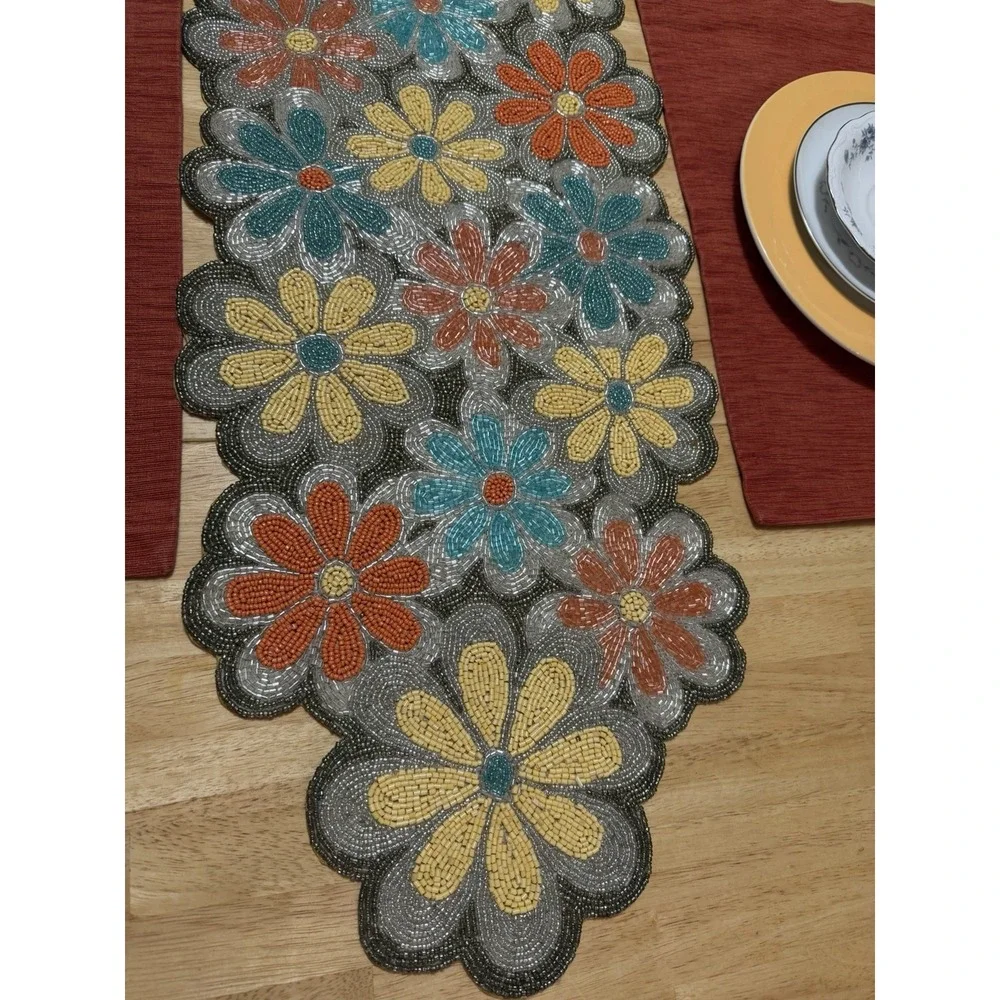 World Traveler‎ India Hand Beaded Table Runner 13x36 Floral Boho Retro